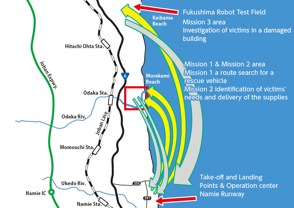 HEDC mission overview; the RTF, the RTF Namie Runway, and a reas of each mission, and flight route