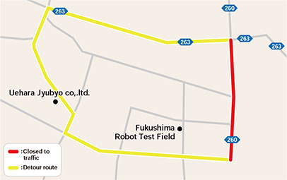 Roads marked in red near the Fukushima Robot Test Field image