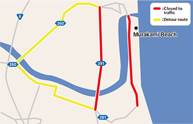Roads marked in red near Murakami Beach, Odaka Ward image
