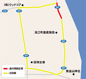 Roads marked in red near Namie Runway image